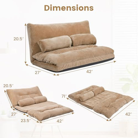 KOMFOTT Foldable Floor Lazy Sofa with 2 Pillows, 6-Position Adjustable Reclining Sofa Sleeper Bed, Convertible Futon Couch Bed, Floor Couch Lounge for Relaxing, Reading, Playing, Gaming (Coffee) KOMFOTT
