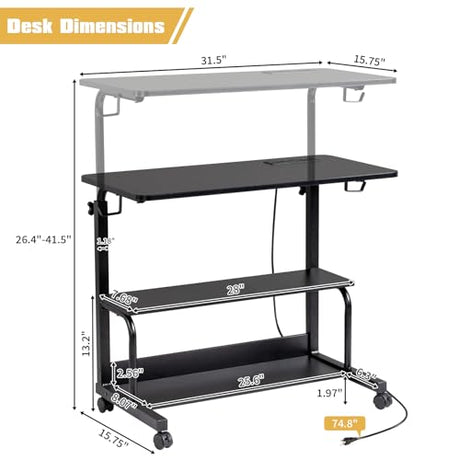 Karl home 31.5" Portable Rolling Desk on Wheels,Height Adjustable Standing Desk with 2 AC Outlets/3 USB Ports,Mobile Laptop Table with Hooks and Storage Shelves for Home Office，Black Karl home
