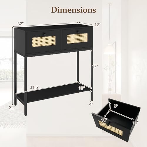 Giantex Rattan Console Table, 32" Boho Entryway Table with 2 Drawers, Metal Frame, Narrow Long Sofa Tables with Open Storage Shelf for Living Room, Hallway, Foyer, Entrance (Black) Giantex