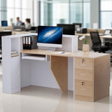 L-Shaped Large Wooden Reception Desk, Modern Front Desk Reception Counter with Lockable Drawers & Storage & Keyboard Tray, for Checkout, Lobby (Right-Natural Wood/White, 71''L x 42''W x 41''H) Yorkgargen