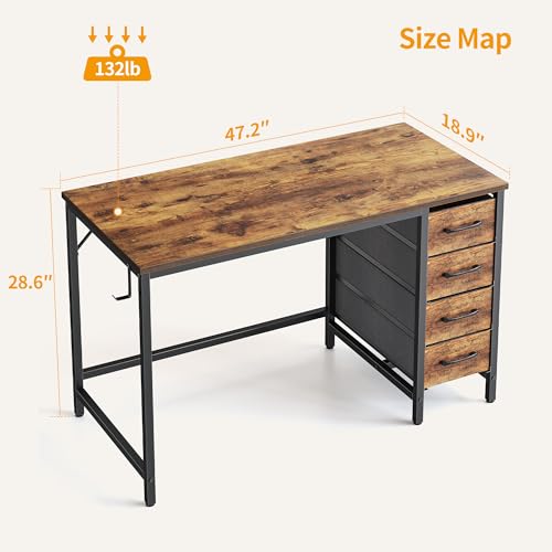 CubiCubi 47 Inch Computer Desk with 4 Drawers, Home Office Small Desk with Storage, Modern Study Writing Desk, Rustic Brown - WoodArtSupply