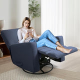 KeyEnergy Manual Rocker Recliner Chair for Adults, High Back Glider with Deep Seat, Upholstered Fabric Armchair for Living Room & Nursery (Blue Linen)