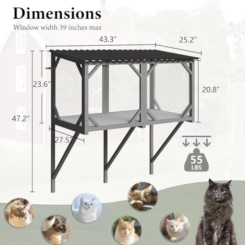 Waleaf Cat Window Box, 43.3" Catio Outdoor Cat Enclosure for Sunbathing, Napping & Overlooking, Sturdy Window Perch for Large Indoor Cats - All Weather Use, Nature Friendly Design Waleaf