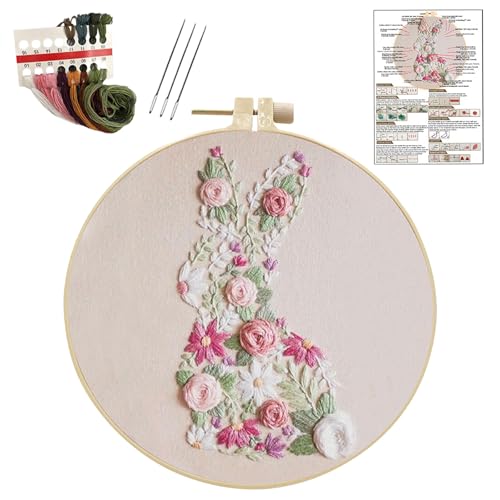 YOUDRN Bunny in Bloom Easter Embroidery Kit for Beginners, Embroidery Kits for Adults,DIY Hand Bunny Embroidery Easter Cross Stitch Starter Set with Pattern,Threads,Needles,Instruction,20cm Hoop