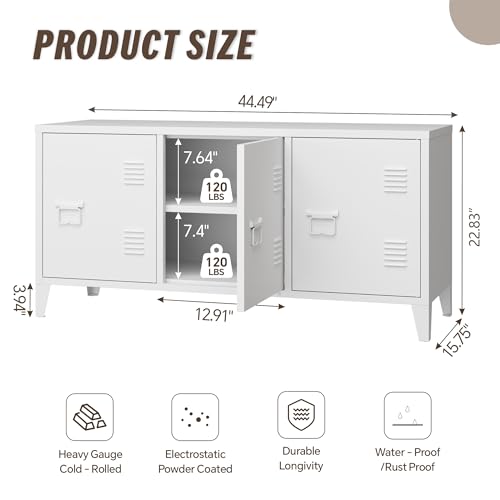 MIOCASA Metal Cabinet with Doors and Shelf,Industrial Steel Storage Cabinet TV Stand, 2 Tier Low Locker TV Cabinet for Home and Office White Size: 44.49W×15.75D×22.83H MIOCASA