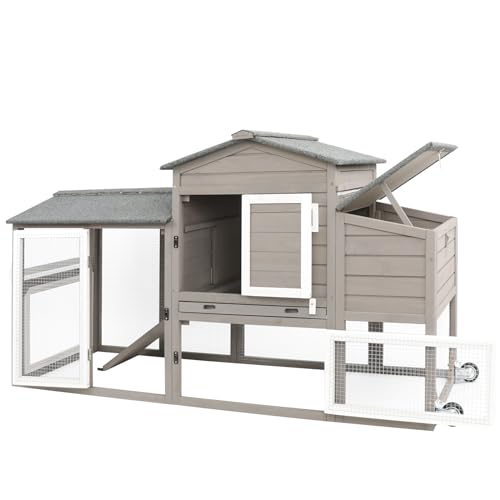 Chicken Coop with Wheels, Backyard Wooden Hen House Outdoor for 1-3 Chickens, 2 Story Poultry Cage Chicken Coop and Run, Nesting Box, Pull Out Trays, for Small Animals Rabbit Duck (Grey) - WoodArtSupply