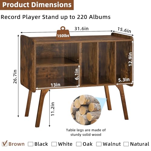 Lerliuo Record Player Stand with 4 Cabinet Holds Up to 220 Albums, Large Turntable Stand with Beech Wood Legs, Mid-Century Record Player Table,Retro Brown Vinyl Holder Storage for Bedroom Living Room Lerliuo
