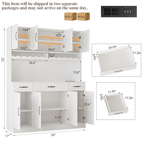 AXCIGOC 72" Tall Kitchen Pantry Cabinet with Charging Station 55" Wide Kitchen Hutch Cabinet with LED Light and Countertop Large Kitchen Pantry Storage Cabinet With Adjustable Shelves and Wine Rack AXCIGOC