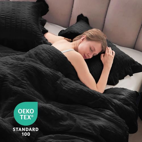 JOLLYVOGUE Black King Comforter Set, 3 Pieces Seersucker Comforters King Size, Lightweight & Fluffy Bedding Sets King for All Season with 1 Ruffle Comforter and 2 Ruffle Pillowshams JOLLYVOGUE