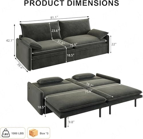 81" 3-in-1 Convertible Sofa Bed, Pull Out Couch with Deep Seat & Storage, Chenille Loveseat Cloud Couch with USB Port & Pillow, Futon Sofa Bed Couches for Living Room/Apartment/Bedroom, Dark Grey TaiEnjoy