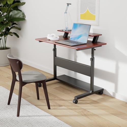 Eureka Ergonomic Mobile Standing Desk 41 Inch, Lockable Home Office Height Adjustable Computer Desk PC Table with Hutch, Teak Top EUREKA ERGONOMIC