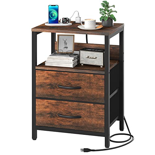 Yoobure Nightstand with Charging Station, Small Night Stand with Fabric Drawers and Storage Shelf for Bedrooms, Small Spaces, Bedside Table with USB Ports & Outlets - WoodArtSupply