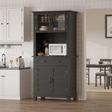 IDEALHOUSE 72" in Tall Kitchen Pantry Storage Cabinet, Elegant Pantry Hutch Bar Cabinet with Microwave Stand & Drawers, Glass Doors for Dining Room, Kitchen, Living Room (Black & 32 Inches Wide) IDEALHOUSE