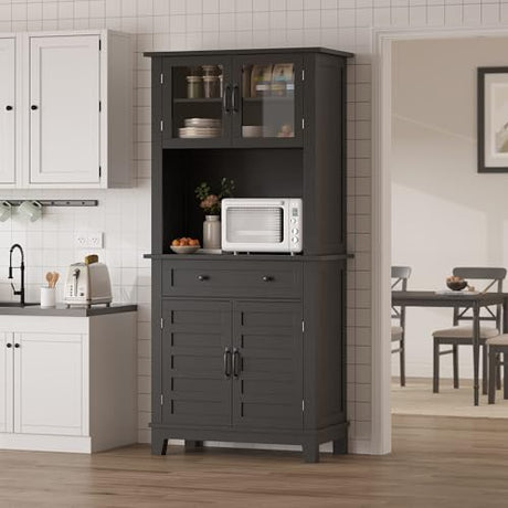 IDEALHOUSE 72" in Tall Kitchen Pantry Storage Cabinet, Elegant Pantry Hutch Bar Cabinet with Microwave Stand & Drawers, Glass Doors for Dining Room, Kitchen, Living Room (Black & 32 Inches Wide) IDEALHOUSE