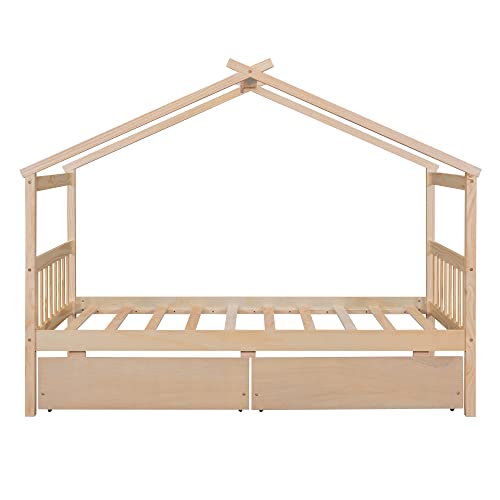 Merax Natural Twin Size Wooden House Bed with Two Storage Drawers for Kids and Teens - WoodArtSupply