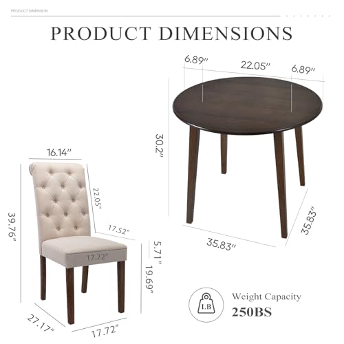 COLAMY 5-Piece Extendable Dining Table Set for 4, 36" Kitchen Round Wood Table with 4 Tufted Dining Room Chairs, Light Brown/Beige COLAMY
