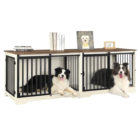 Hzuaneri 78" Dog Crate Furniture for 2 Dogs, Double Dog Cage with Divider, Wooden Heavy Duty Dogs Kennel, Pet Cage with Barn Door, TV Stand for Large Small Medium Dogs, White Brown DFC83714BV1 Hzuaneri