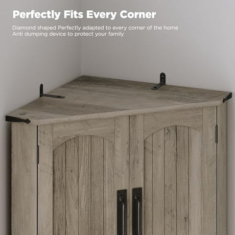 Maupvit Tall Corner Cabinet, Farmhouse Corner Storage Cabinet with 4 Barn Doors and Adjustable Shelves, Storage Pantry Cabinet for Kitchen, Living Room, Laundry Room, Grey Maupvit
