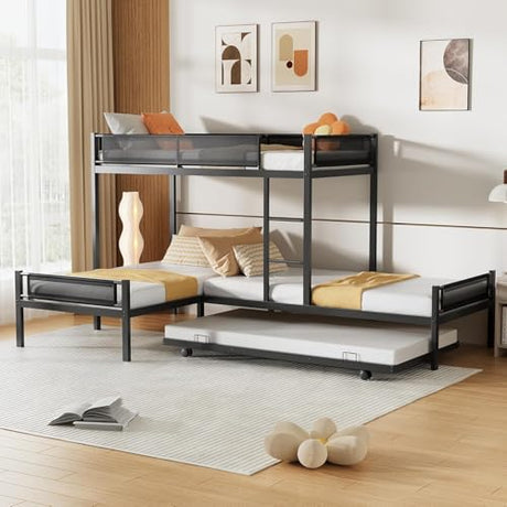 PVWIIK L-Shape Metal Triple Bunk Bed with Trundle 4 Kids,Teens,Adults Bedroom,Metal Bunk Bed with Guardrail & Ladder, No Box Spring Needed,Black PVWIIK