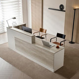 Huariifowm 110" L-Shaped Reception Desk with Counter, Drawers, Open Shelves and Keyboard Tray, Modern Front Desk for Office Reception Area, Oak+Warm White, Right Cabinet Huariifowm