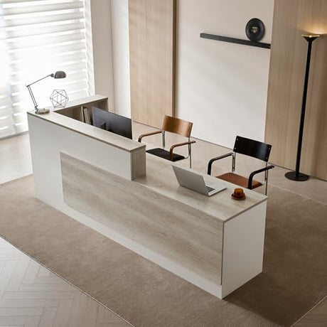 Huariifowm 110" L-Shaped Reception Desk with Counter, Drawers, Open Shelves and Keyboard Tray, Modern Front Desk for Office Reception Area, Oak+Warm White, Right Cabinet Huariifowm