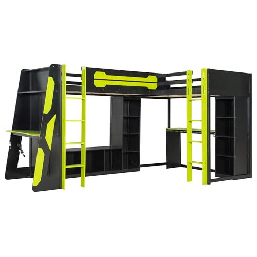 Merax Twin Size Gaming Loft Bed with Desk, TV Stand and Storage Shelves, Solid Wood Dual Twin Bed Frame with RGB LED Lights & USB Ports for Teens Bedroom, Space-Saving Design, Reversible Layout, Green Merax