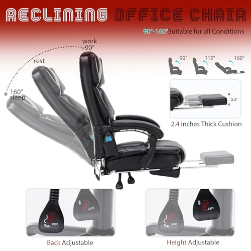 Massage Office Chair with Foot Rest 6 Points Vibration and Heat Home Office Desk Chairs for Heavy People 400lbs Reclining Managerial Chairs Ergonomic Executive Chair (Black) HESL