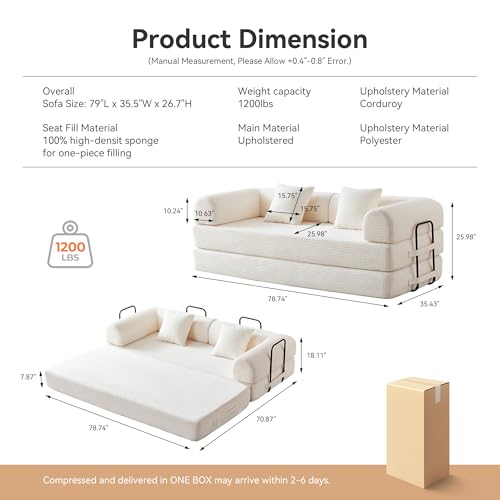 QQR Convertible Folding Mattress Couch, 5-in-1 Futon Sofa with Armrests, Sleeper Mattress Sofa Bed Comfy Fold Out Bed for Living Room, Bedroom, Lounge,Guest, Office (Beige White) QQR