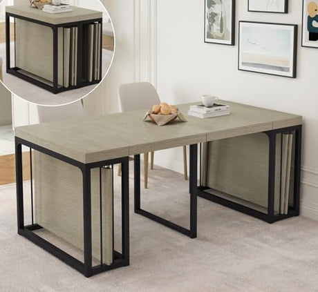 KEIKI 23.62" - 118" L Extendable Foldable Dining Room Table for 2-10 People, Wood Modern Rustic Rectangle Expandable Kitchen Living Meeting Room Furniture, 5 Tabletop Length Options KEIKI