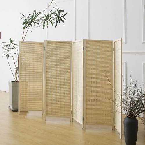 Furnnylane 6 Panel Short Room Divider Screen,Beige Freestanding Partition,Small Bamboo Panel Divider for Room Seperation,3.95 FT Tall Furnnylane