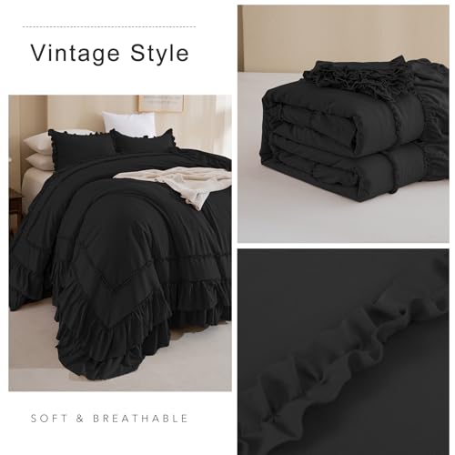 QSH Oversized King Comforter 128x120,3PCs Black Farmhouse Lightweight Ruffled Bedding Comforter Set Shabby Boho Chic California King Bed Comforter Set French Country Soft Microfiber Fluffy Bed Set QSH