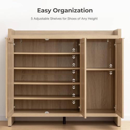 SICOTAS Shoe Storage Cabinet, 30 Pairs Rattan Shoe Cabinet Storage for Entryway, 6-Tier 41" Tall Large Shoe Cabinet, Boho Farmhouse Cabinet with Doors for Entryway Hallway Living Room, Light Oak SICOTAS