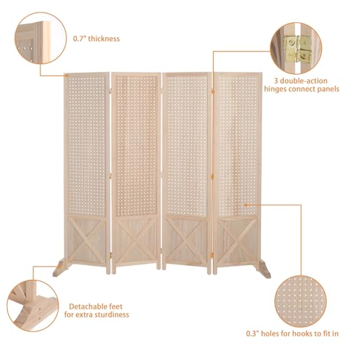 VINGLI Freestanding Pegboard with Support Feet, 5 FT Wood Room Divider Display Board Organizer, Folding Privacy Screen Partition Space Separator for Craft Shows Events Retail (Natural, 4 Panel) VINGLI