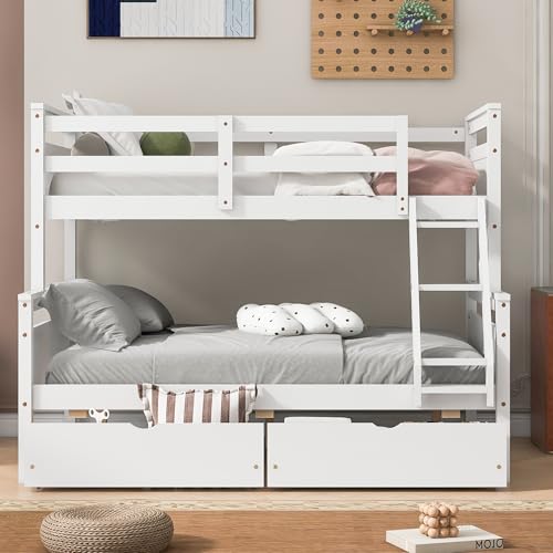 Merax Twin Over Full Bunk Bed with Two Storage Drawer, Removable Ladder and Safety Guardrail, Convertible to 2 Separated beds (White) Merax