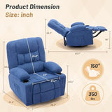 Oversized Swivel Rocker Recliner Chair with Massage & Heat,Nursery Rocking Chairs for Living Room,Ergonomic Relining Chair with Cup Holders,USB Charge Port,Side Pockets,Recliner Chair for Adults,Blue