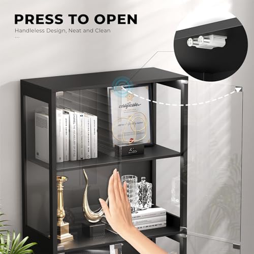 BROTTAR Display Cabinet with Glass Doors, 4-Tier Curio Cabinet&Bookcase with 3 Color Light for Collectibles, Toys, Books, Glass Storage Cabinet, Black BROTTAR