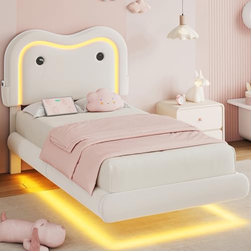 MapleGrace Twin Upholstered Bed Frame with Curved Headboard, Floating Bed Frame with LED Lights and Charging Station, Soft Rounded Corners, No Box Spring Needed, Easy Assembly, White MapleGrace