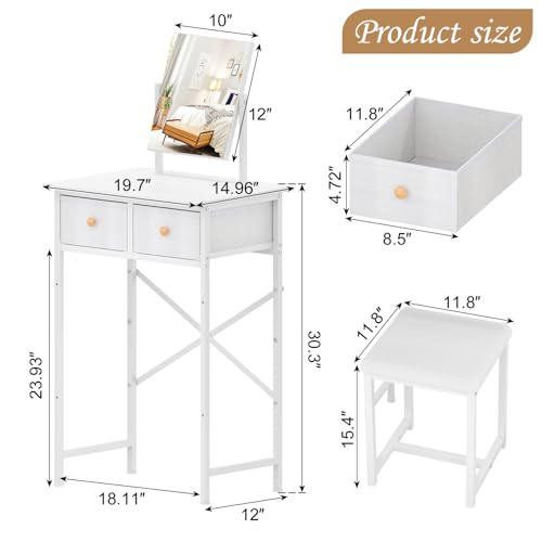 X-cosrack Small Makeup Vanity Desk with Mirror & Chair, Mini Vanity Desk Table Set with Fabric Storage Drawer, 19.7" Compact Vanity Desk for Girls, Dressing Table with Chair for Bedroom, White X-cosrack