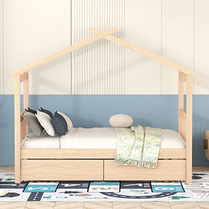 Merax Natural Twin Size Wooden House Bed with Two Storage Drawers for Kids and Teens - WoodArtSupply