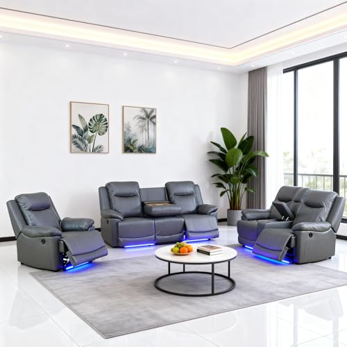 Daydo Sempli Power Recliner Sofa Set with LED/USB Port/Cup Holder,Breathing Leather Reclining Couch Set,Living Room Furniture Sets with Storage,for Living Room,House,Office(3-PCS, Deep Gray)