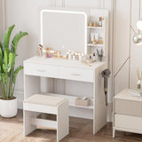 Hogxp Makeup Vanity with Lighted Mirror & Electrical Outlet - 2 Shelves, 2 Drawers, Bottom Storage - Comes with Upholstered Stool （White） Hogxp