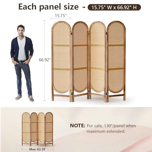 Leesinwing 4 Panels Room Dividers and Hand-Woven Rattan Room Divider Wall, Wood Room Divider Folding Privacy Screens for Home Office Bedroom, Light Brown Leesinwing