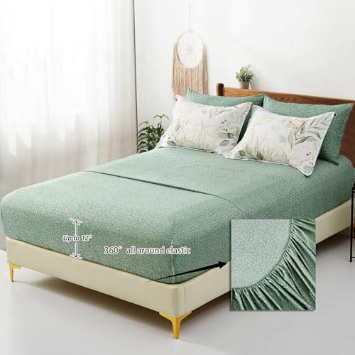 WONGS BEDDING Botanical Comforter Set Queen, 7 Pieces Green Reversible Bed in a Bag Floral Leaves Bedding Soft Microfiber Queen (1 Comforter,2 Pillowcase,2 Pillow Shams,1 Flat Sheet,1 Fitted Sheet) WONGS BEDDING