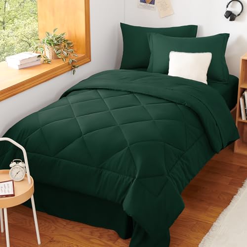 CozyLux Twin XL Comforter Set Emerald Green - 5 Pieces Twin Extra Long Bed in a Bag for College Dorm, All Season Bedding Set for Girls and Boys, Soft Bed Set with Comforter, Sheets, Pillowcase & Sham CozyLux