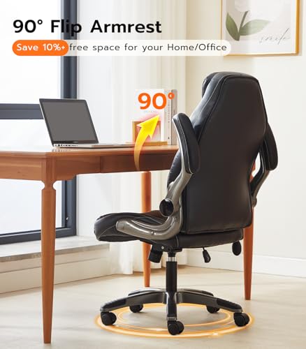 Office Desk Chair, Ergonomic Computer Chair with Padded Flip-Up Arms and Adjustable Lumbar Support, PU Leather Executive Chair with Tilt Lock and 360° Swivel Rolling Wheels for Work, Study Ylzyxal