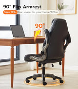 Office Desk Chair, Ergonomic Computer Chair with Padded Flip-Up Arms and Adjustable Lumbar Support, PU Leather Executive Chair with Tilt Lock and 360° Swivel Rolling Wheels for Work, Study Ylzyxal