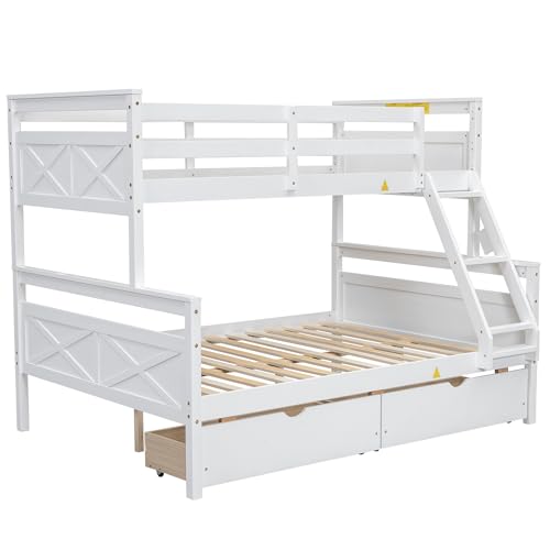 Merax Twin Over Full Bunk Bed with Two Storage Drawer, Removable Ladder and Safety Guardrail, Convertible to 2 Separated beds (White) Merax
