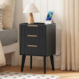 MAHANCRIS End Table, Fluted Night Stand, Modern Side Table with Charging Station, Bedside Table with 3 Drawers, Mid Century Nightstand, for Living Room, Bedroom, Study, Office, Black ETBK64E01 MAHANCRIS