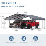 EROMMY 20‘x20’ Stable Metal Carport, All-Weather Heavy-Duty Carports with Strong Base, Sturdy Car Shed with Galvanized Steel Roof and Frame, Easy Assembly Car Port for 2 Cars, Tractors, Boat, Gray EROMMY