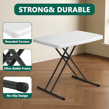 MAKE CHANGES Folding Table 30 Inch - Small Desk Adjustable Height TV Tray for Laptop, Couch, Camping - Heavy Duty Utility Foldable Table for Small Spaces, No Assembly Required, White Granite MAKE CHANGES
